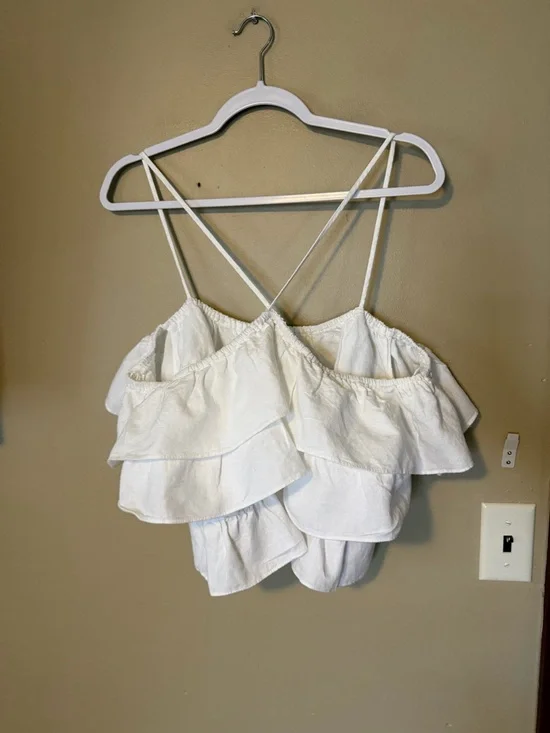 Zara Linen White Tiered Ruffle Spaghetti Strap Top - Picture 2 of 6